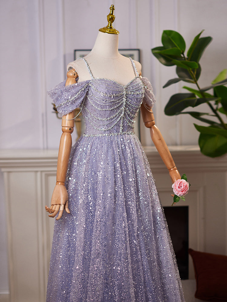 A-Line Sweetheart Neck Off Shoulder Tulle Sequin Gray Blue Long Prom Dresses