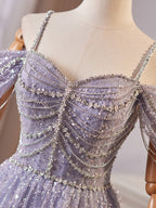 A-Line Sweetheart Neck Off Shoulder Tulle Sequin Gray Blue Long Prom Dresses