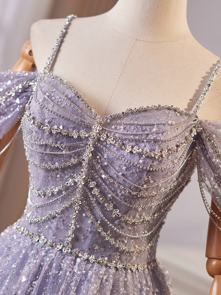 A-Line Sweetheart Neck Off Shoulder Tulle Sequin Gray Blue Long Prom Dresses