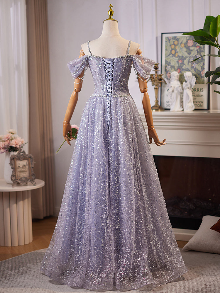 A-Line Sweetheart Neck Off Shoulder Tulle Sequin Gray Blue Long Prom Dresses