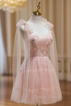 A Line Sweetheart Neck Pink Short Prom Dresses, Formal Puffy Pink Homecoming Dresses with Lace Applique Beading