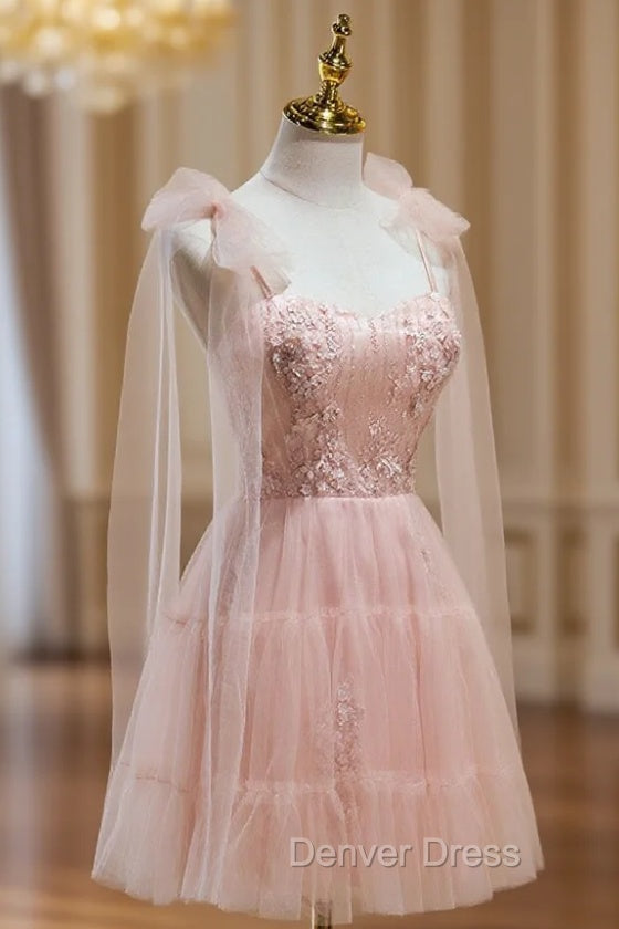 A Line Sweetheart Neck Pink Short Prom Dresses, Formal Puffy Pink Homecoming Dresses with Lace Applique Beading