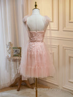 A Line Sweetheart Neck Pink Short Prom Dresses, Formal Puffy Pink Homecoming Dresses with Lace Applique Beading