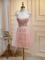 A Line Sweetheart Neck Pink Short Prom Dresses, Formal Puffy Pink Homecoming Dresses with Lace Applique Beading