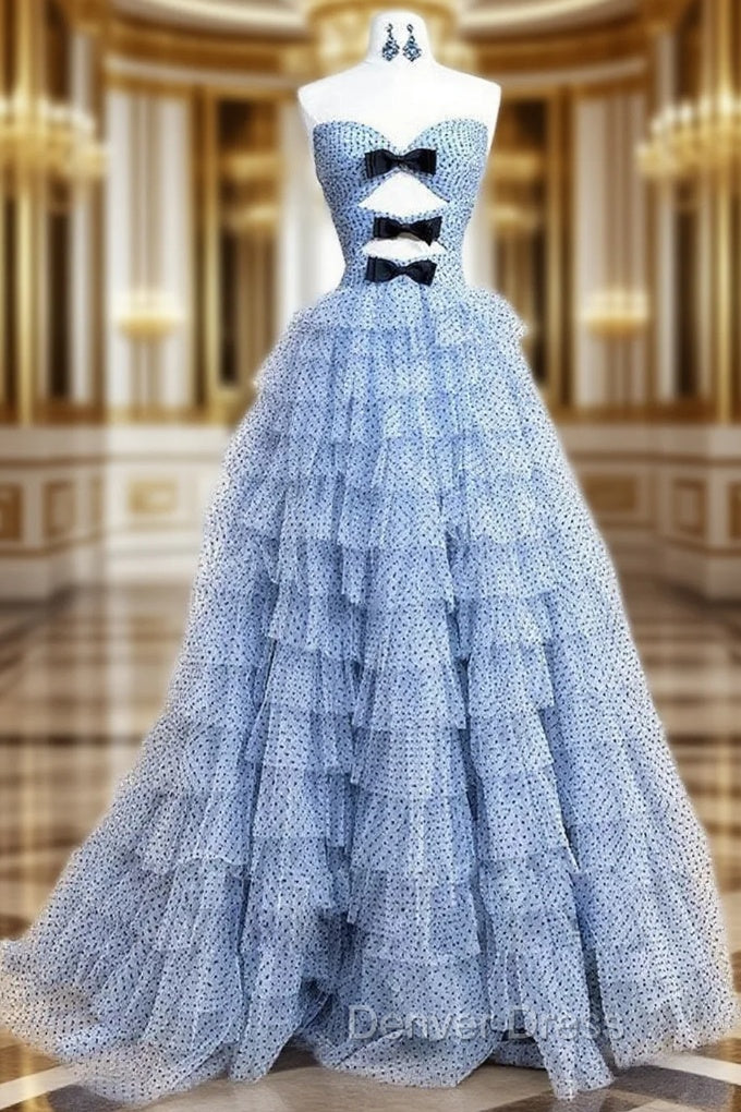 A-Line Sweetheart Neck Polka Dots Tulle Blue Long Prom Dresses, Blue Long Formal Dresses