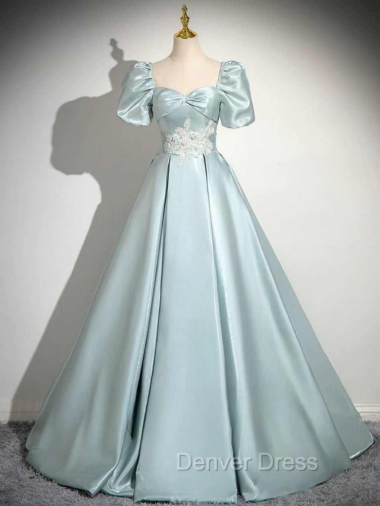 A-Line Sweetheart Neck Puff Sleeves Satin Blue Long Prom Dresses, Blue Long Formal Dresses Secondary image