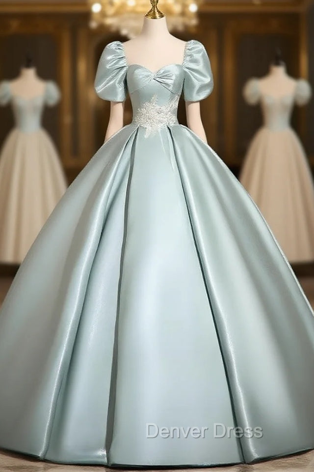 A-Line Sweetheart Neck Puff Sleeves Satin Blue Long Prom Dresses, Blue Long Formal Dresses Main image