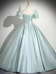 A-Line Sweetheart Neck Puff Sleeves Satin Quinceanera Dresses Blue Long Prom Dresses Elegant Evening Dresses
