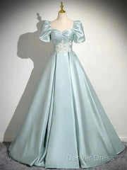 A-Line Sweetheart Neck Puff Sleeves Satin Quinceanera Dresses Blue Long Prom Dresses Elegant Evening Dresses