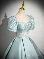 A-Line Sweetheart Neck Puff Sleeves Satin Quinceanera Dresses Blue Long Prom Dresses Elegant Evening Dresses
