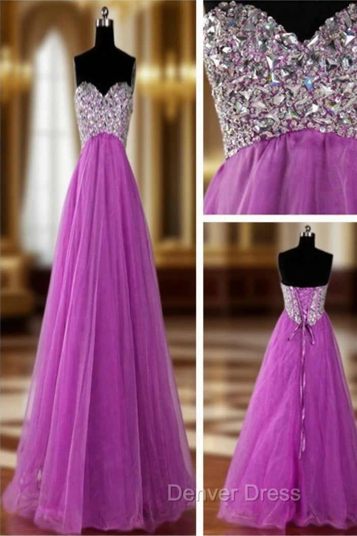 A Line Sweetheart Neck Purple Floor Length Long Prom Dresses, Purple Formal Dresses