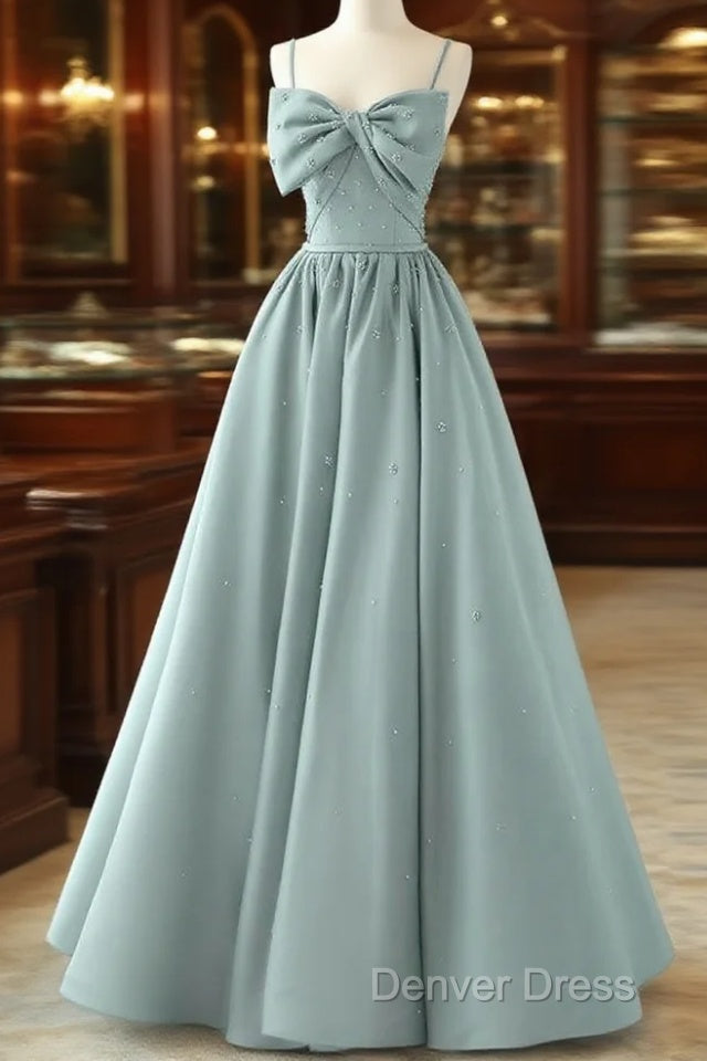 A-Line Sweetheart Neck Satin Beads Blue Long Prom Dresses, Blue Formal Dresses Main image