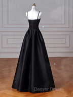 A Line Sweetheart Neck Satin Black Long Prom Dress, Black Long Prom Dresses