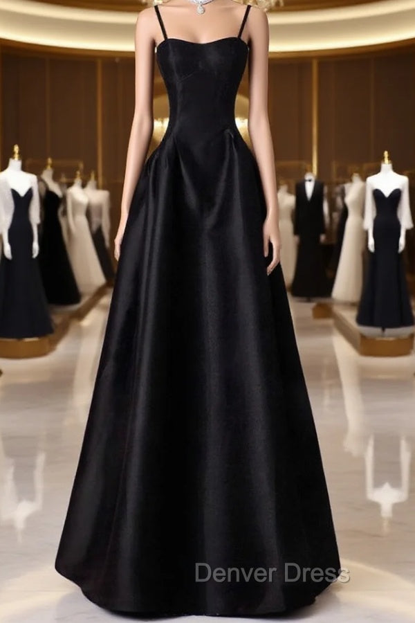 A-Line Sweetheart Neck Satin Black Long Prom Dresses, Black Long Evening Dresses Main image