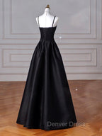 A-Line Sweetheart Neck Satin Black Long Prom Dresses, Black Long Formal Dresses