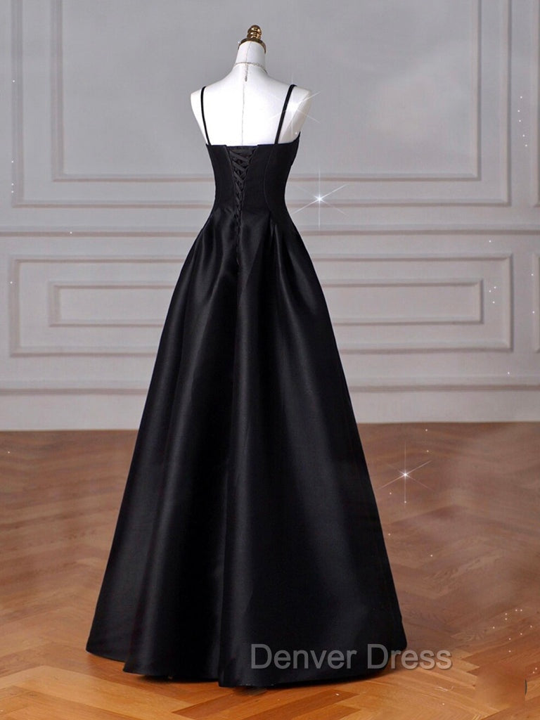 A-Line Sweetheart Neck Satin Black Long Prom Dresses, Black Long Formal Dresses