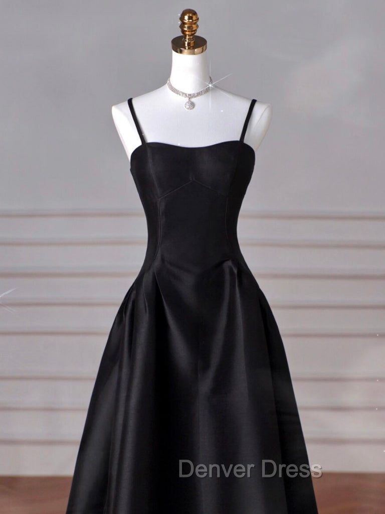 A-Line Sweetheart Neck Satin Black Long Prom Dresses, Black Long Formal Dresses