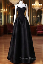 A Line Sweetheart Neck Satin Black Long Prom Dress, Black Long Prom Dresses