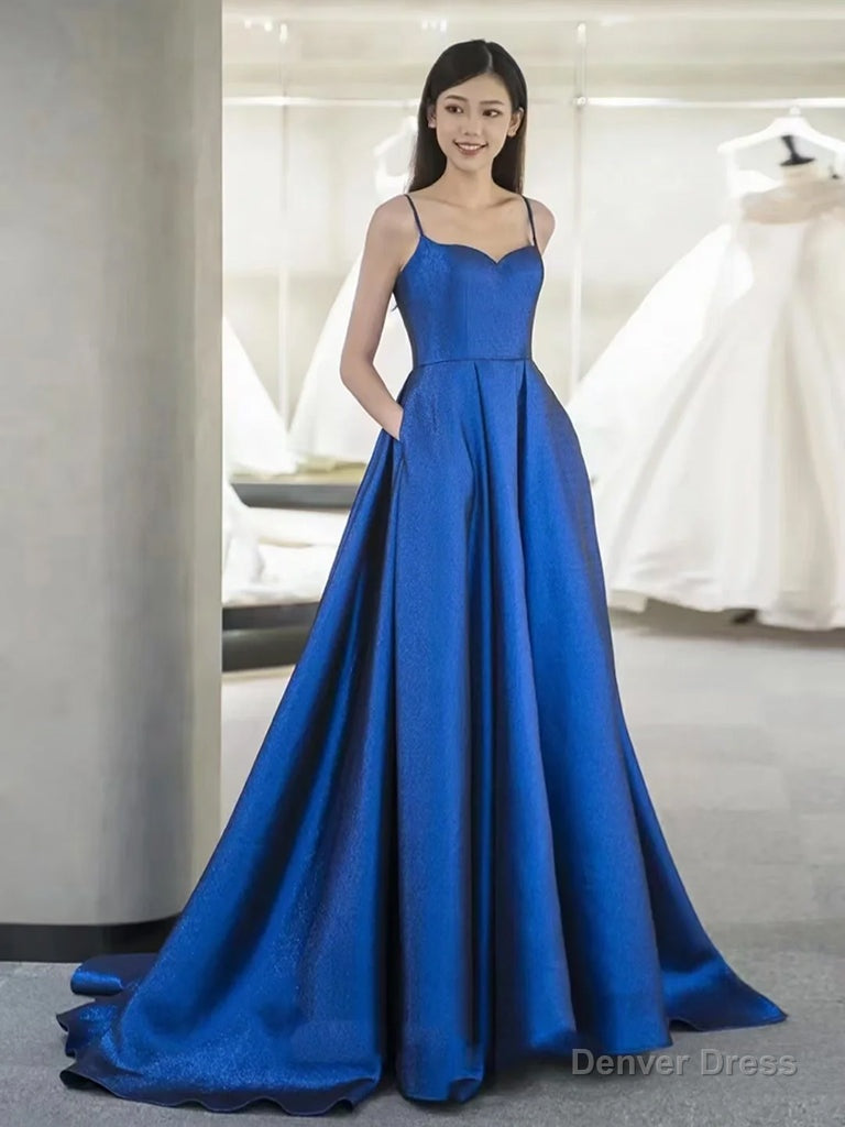 A Line Sweetheart Neck Satin Blue Long Prom Dress, Blue Long Prom Dresses