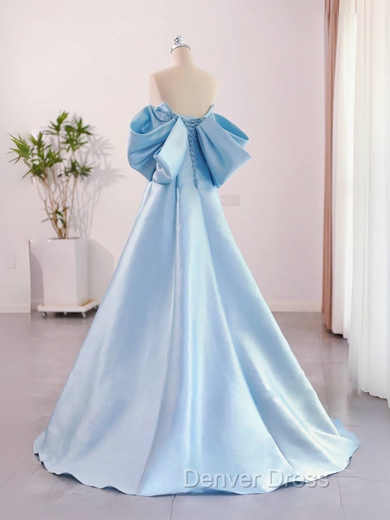 A-Line Sweetheart Neck Satin Blue Long Prom Dresses, Blue Long Formal Dresses