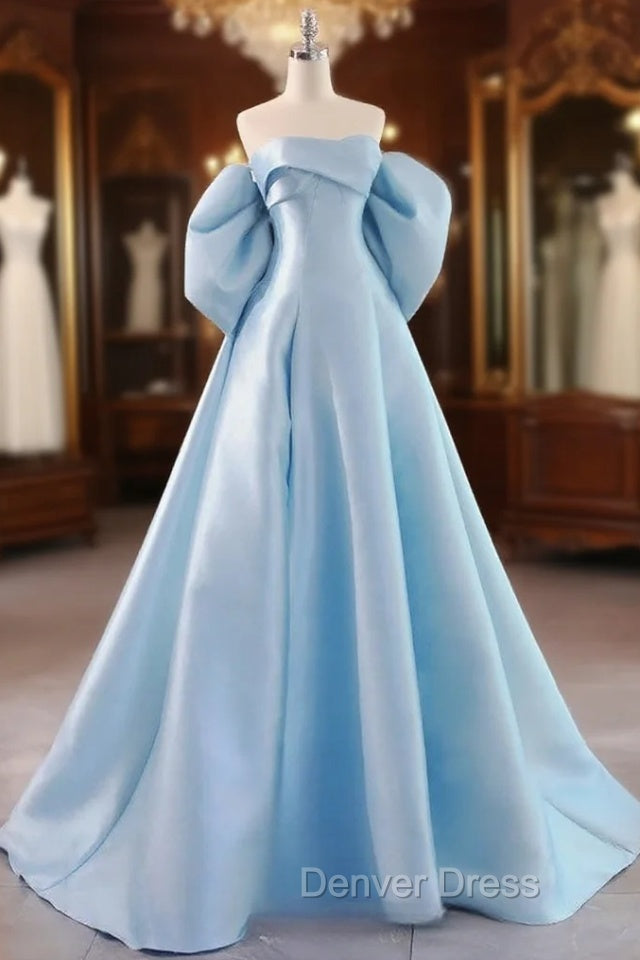 A Line Sweetheart Neck Satin Blue Long Prom Dress, Blue Long Prom Dresses