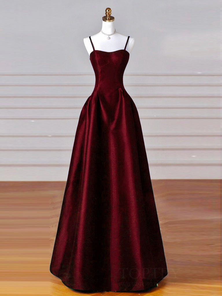 A-Line Sweetheart Neck Satin Burgundy Long Prom Dresses, Burgundy Long Formal Dresses