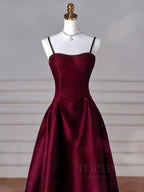A-Line Sweetheart Neck Satin Burgundy Long Prom Dresses, Burgundy Long Formal Dresses