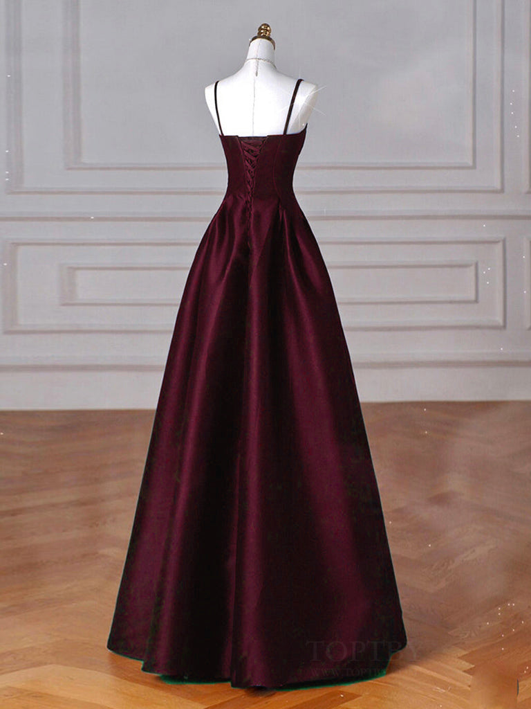 A-Line Sweetheart Neck Satin Burgundy Long Prom Dresses, Burgundy Long Formal Dresses