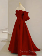 A Line Sweetheart Neck Satin Burgundy Long Prom Dresses with Bow