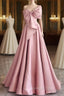 A-Line Sweetheart Neck Satin Pink Long Prom Dresses, Pink Long Evening Dresses
