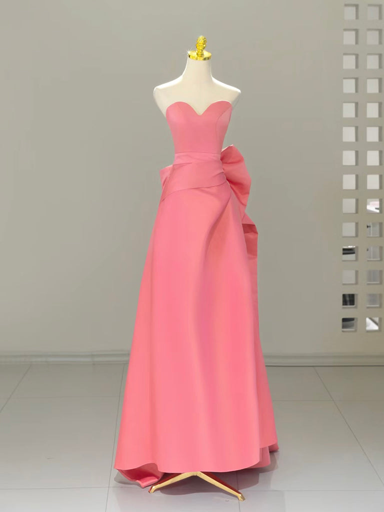 A-Line Sweetheart Neck Satin Pink Long Prom Dresses, Pink Long Formal Dresses