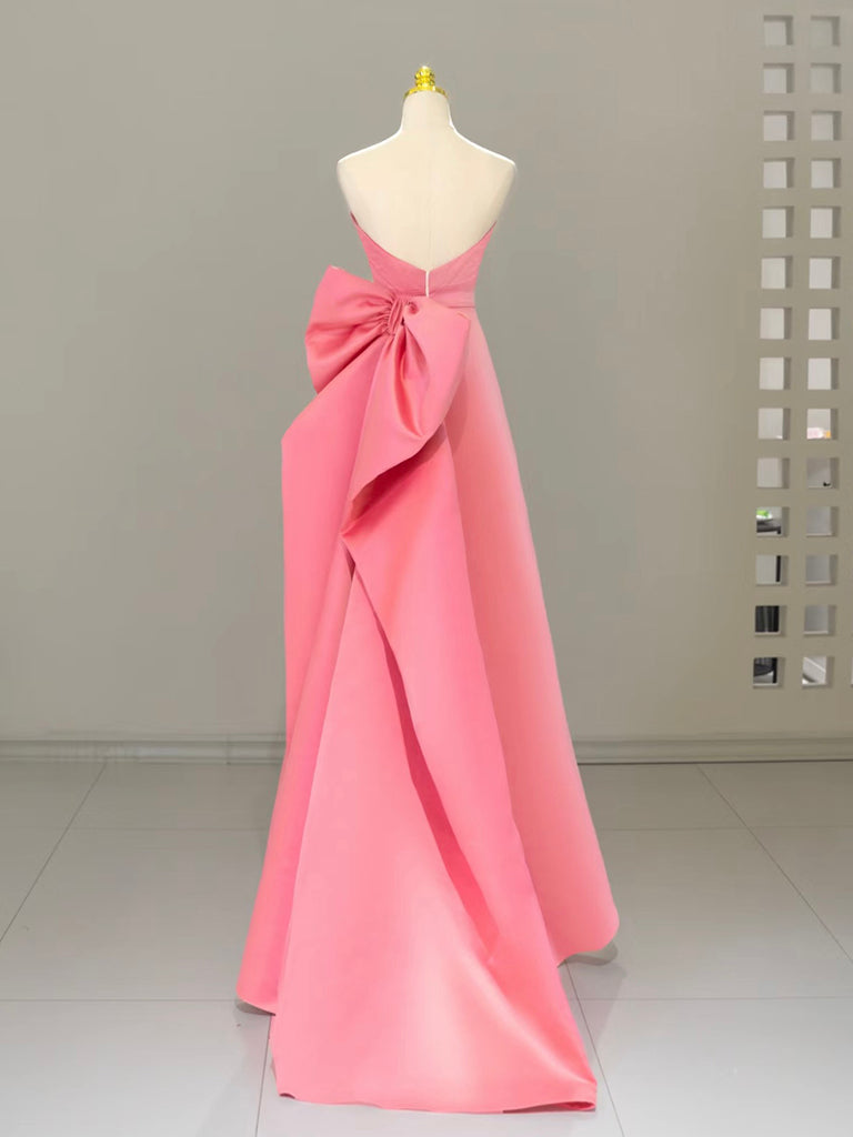 A-Line Sweetheart Neck Satin Pink Long Prom Dresses, Pink Long Formal Dresses