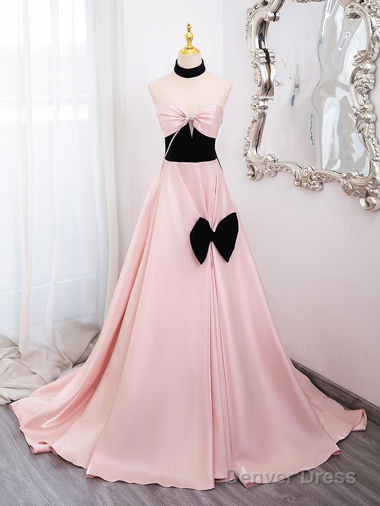 A Line Sweetheart Neck Satin Pink Long Prom Dress, Pink Long Prom Dresses Main image