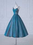 A Line Sweetheart Neck Satin Tea Length Blue Prom Dress, Blue Prom Dresses
