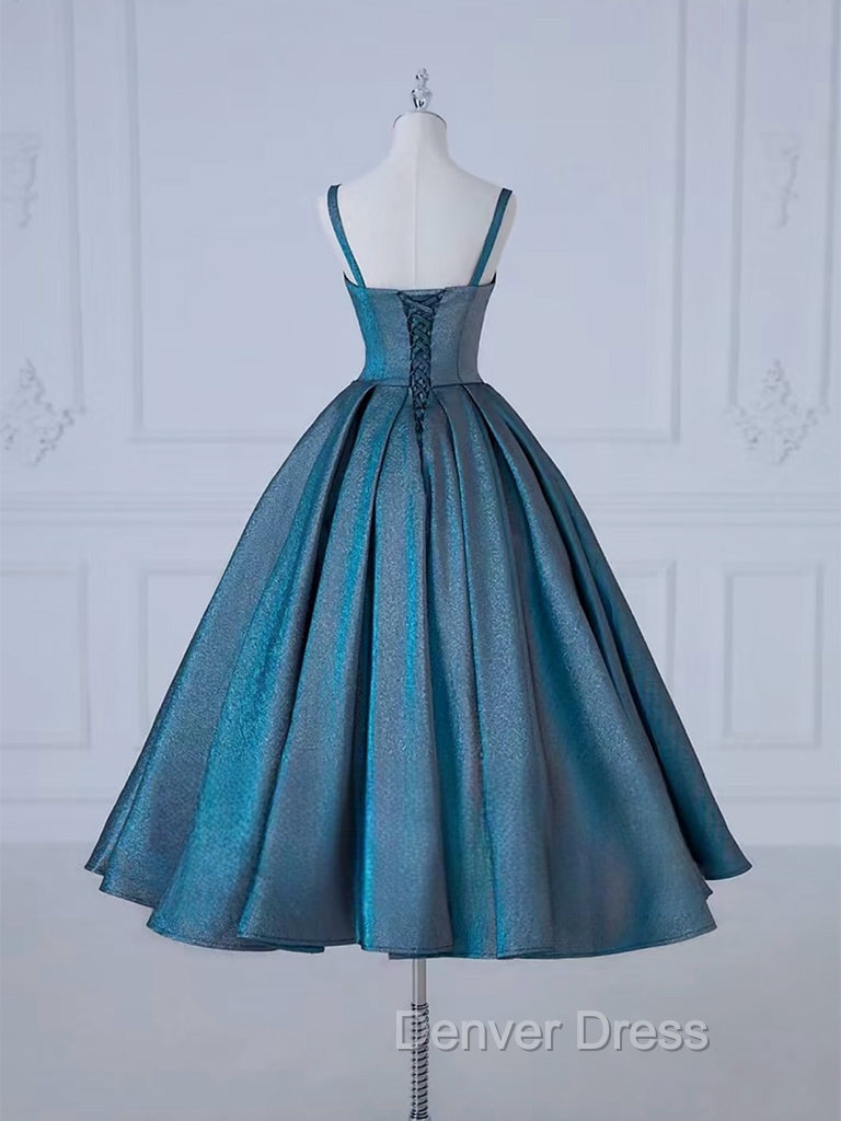 A Line Sweetheart Neck Satin Tea Length Blue Prom Dress, Blue Prom Dresses