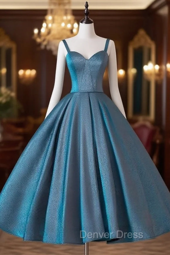 A-Line Sweetheart Neck Satin Tea Length Blue Prom Dresses, Blue Formal Dresses