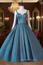 A-Line Sweetheart Neck Satin Tea Length Blue Prom Dresses, Blue Formal Dresses