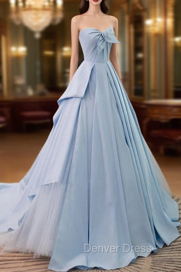 A Line Sweetheart Neck Satin Tulle Blue Long Prom Dress, Blue Prom Dresses