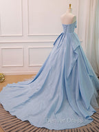 A Line Sweetheart Neck Satin Tulle Blue Long Prom Dress, Blue Prom Dresses