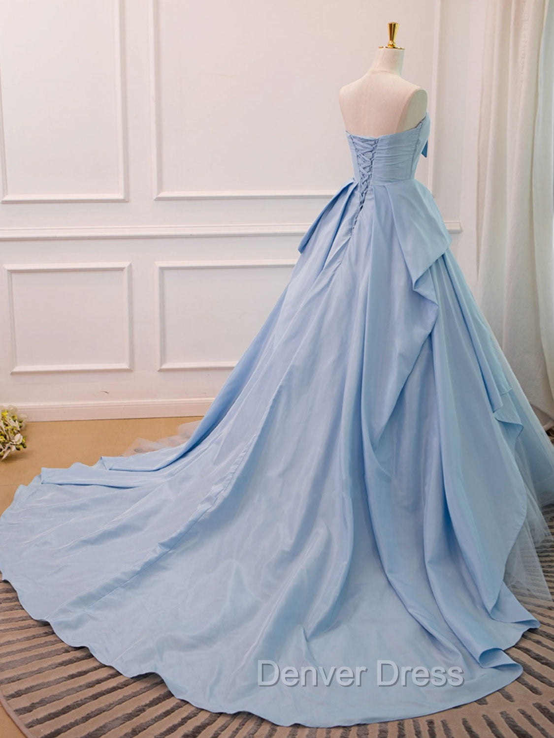 A Line Sweetheart Neck Satin Tulle Blue Long Prom Dress, Blue Prom Dresses