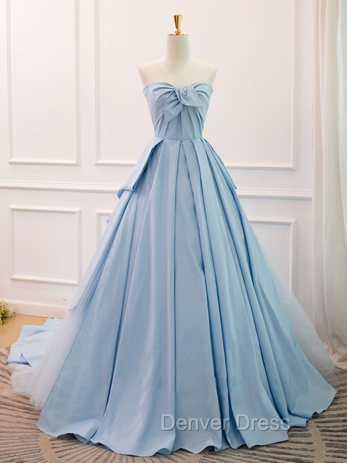 A-Line Sweetheart Neck Satin Tulle Blue Long Prom Dresses, Blue Evening Dresses Main image