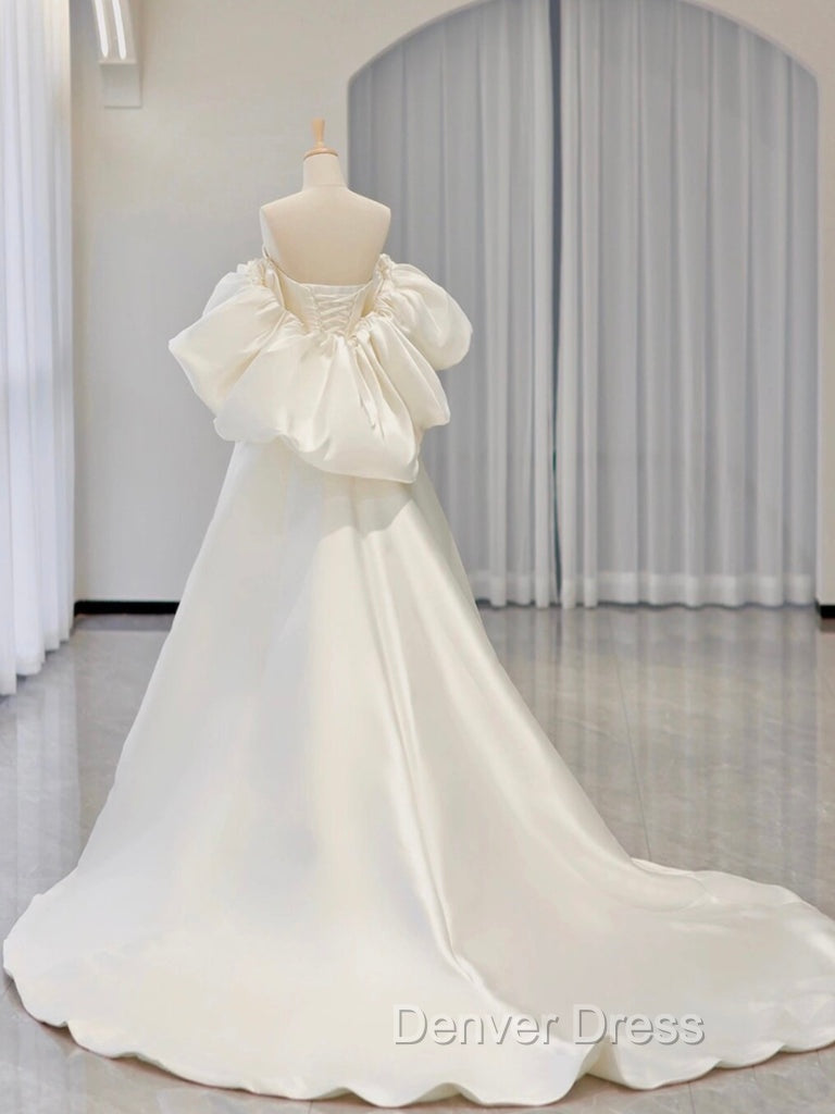 A Line Sweetheart Neck Satin White Long Prom Dress, White Long Prom Dresses
