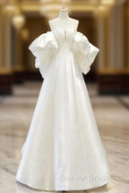 A-Line Sweetheart Neck Satin White Long Prom Dresses, White Long Formal Dresses