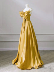 A-Line Sweetheart Neck Satin Yellow Long Prom Dress, Yellow Long Formal Dress