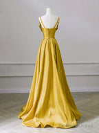 A-Line Sweetheart Neck Satin Yellow Long Prom Dress, Yellow Long Formal Dress