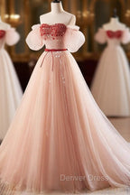 A-Line Sweetheart Neck Sequin Tulle Pink Long Prom Dresses, Pink Formal Dresses