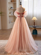A-Line Sweetheart Neck Sequin Tulle Pink Long Prom Dresses, Pink Formal Dresses