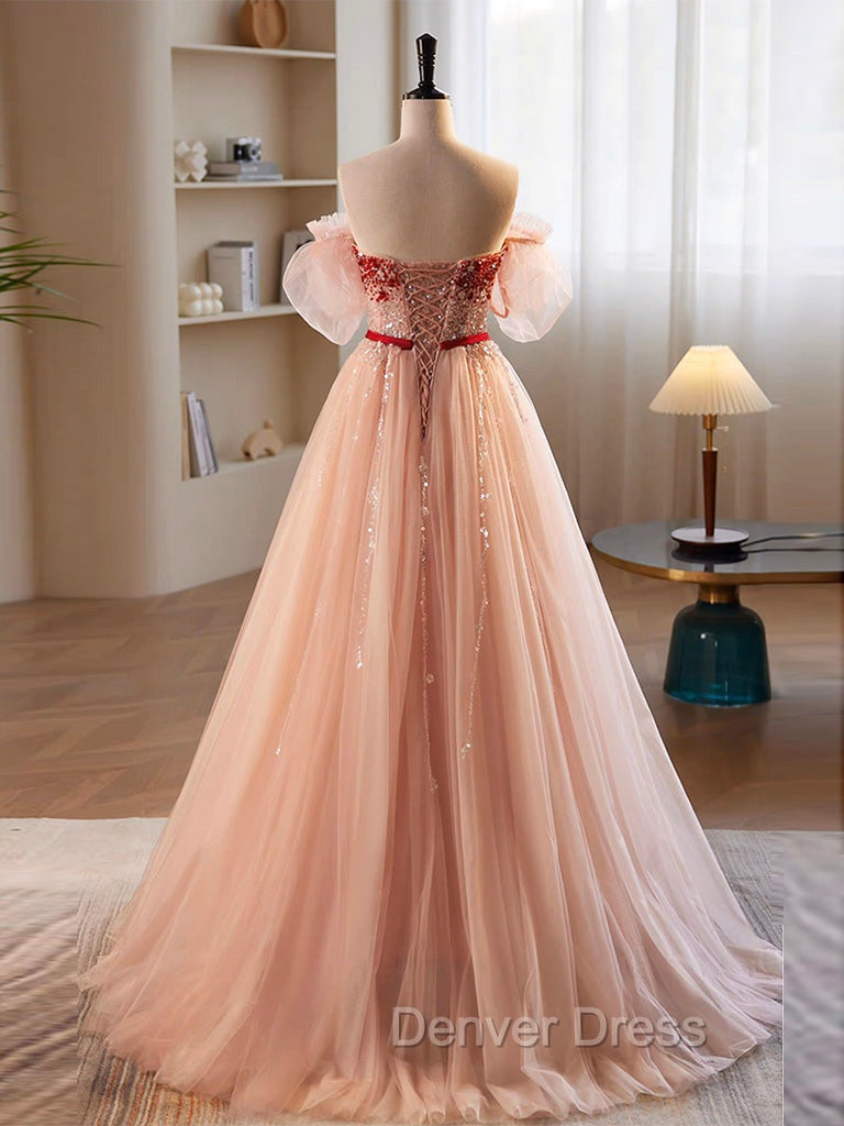 A-Line Sweetheart Neck Sequin Tulle Pink Long Prom Dresses, Pink Formal Dresses