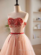 A-Line Sweetheart Neck Sequin Tulle Pink Long Prom Dresses, Pink Formal Dresses