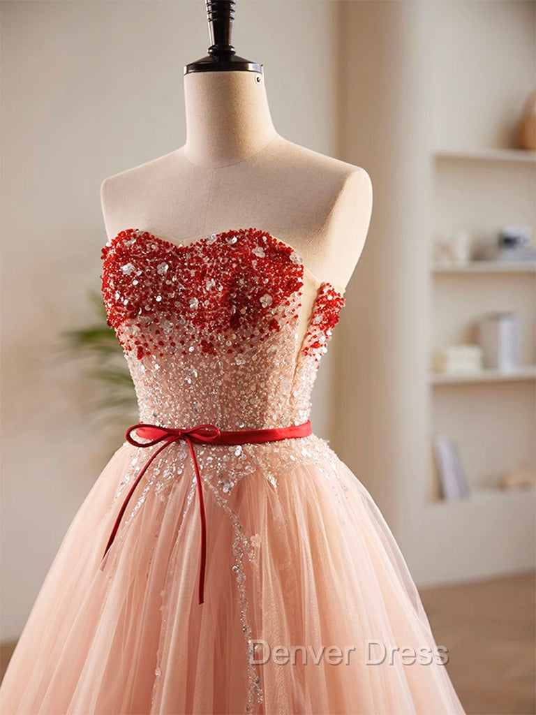 A-Line Sweetheart Neck Sequin Tulle Pink Long Prom Dresses, Pink Formal Dresses
